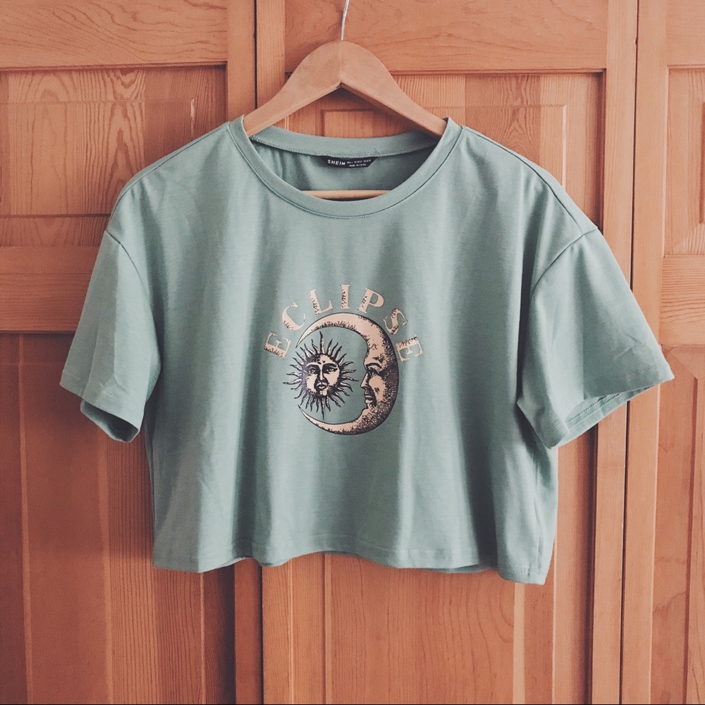 SHEIN Mint Green Eclipse Graphic Crop Top - Size Medium